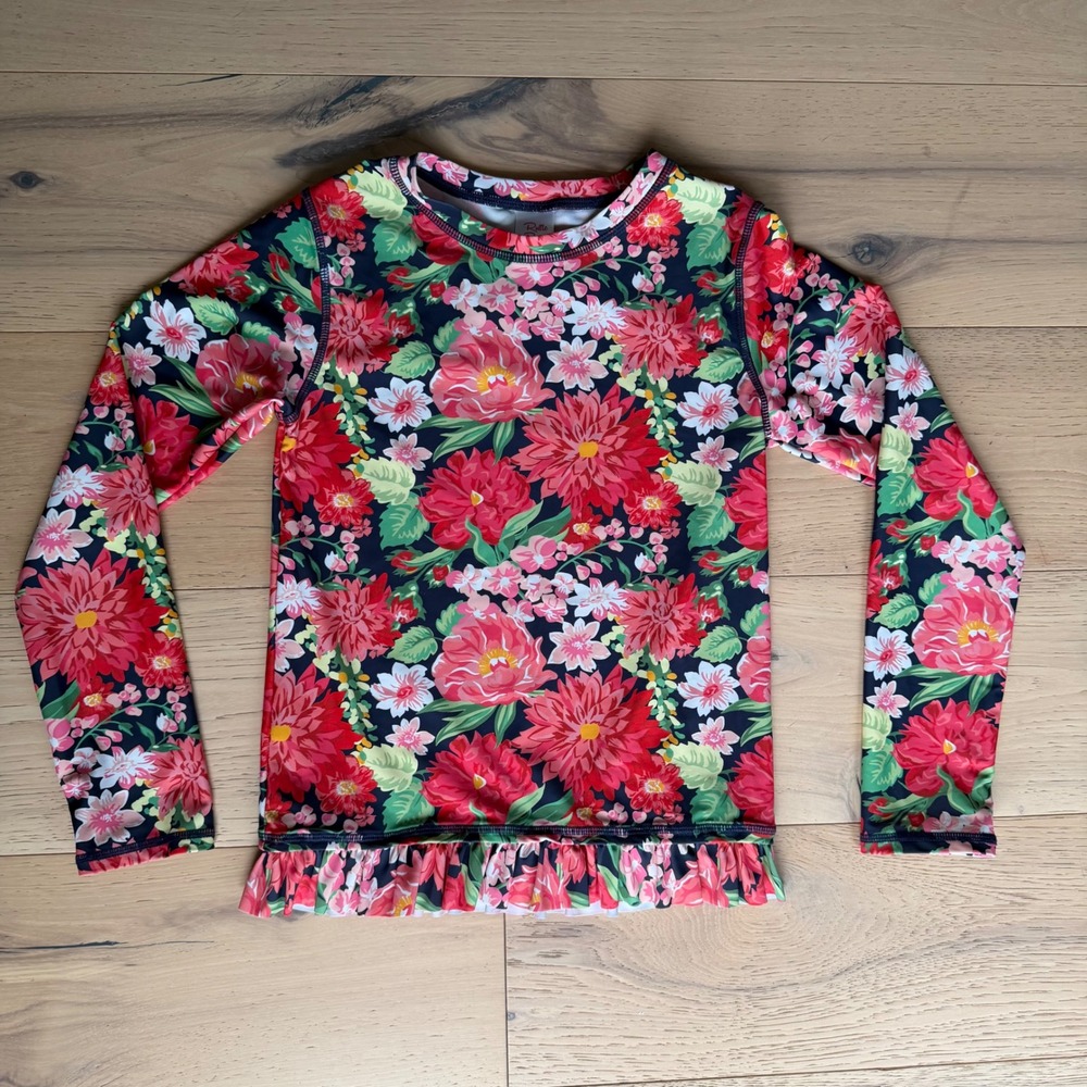 RuffleButts Girls Floral Long Sleeve Rash Guard Swim Shirt Red Pink Navy Size 10